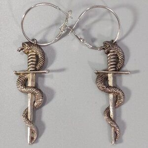 Snake and Dagger Sword Metal Earrings Goth Fashion Jewelry 3" Dangling Pair